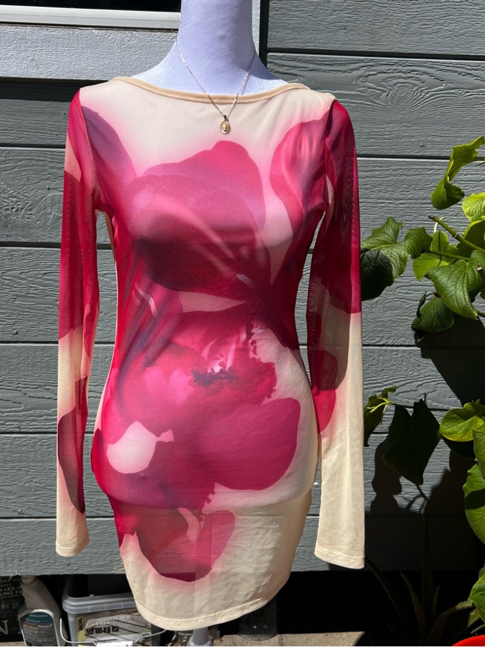 Sheer Floral Long Sleeve Bodycon Top - Pink & Yellow